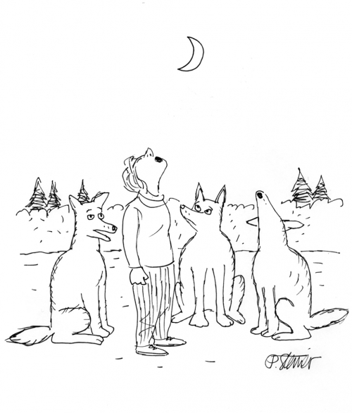 cartoon of a woman and three wolves howling at the moon.